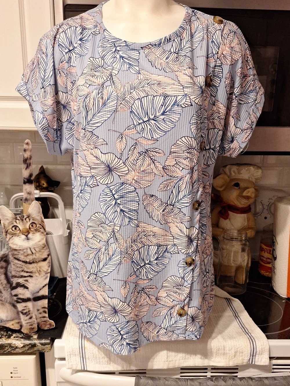 r Light Blue Floral  Print Button-Accent Blouse 2X